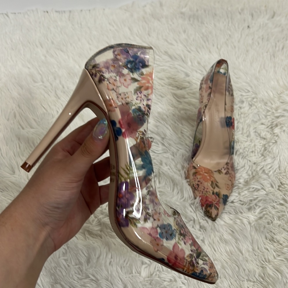 Wild Diva Clear Floral Point Toe Pumps